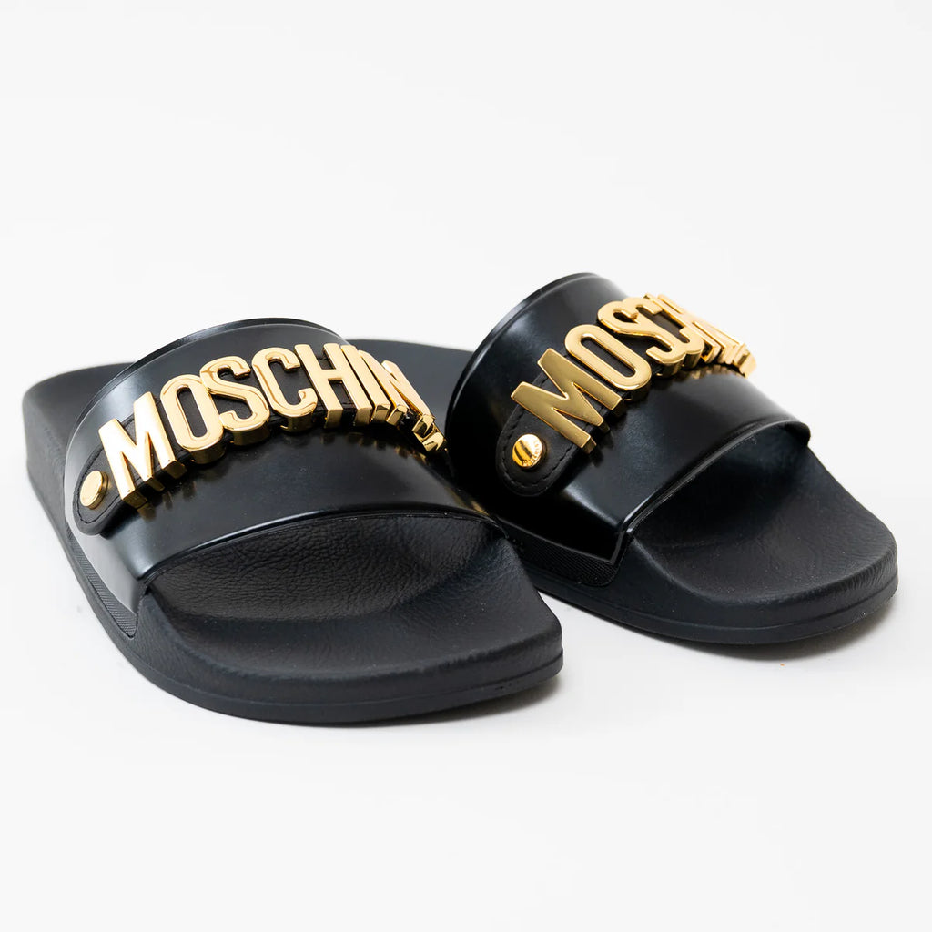 Moschino Black PVC Gold Logo Slides Size 41 Coeur Cult Core