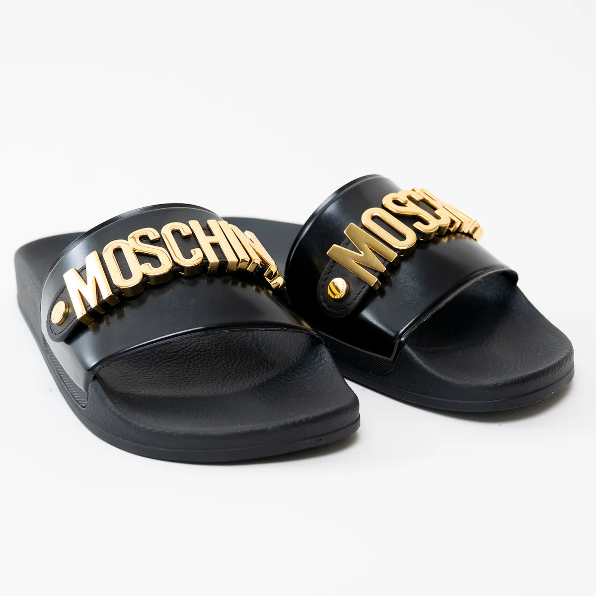 Moschino Black PVC Gold Logo Slides Size 41 Coeur Cult Core