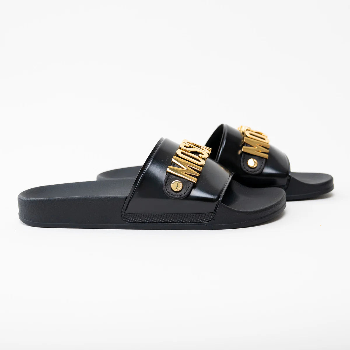 Moschino Black PVC Gold Logo Slides Size 41 Coeur Cult Core