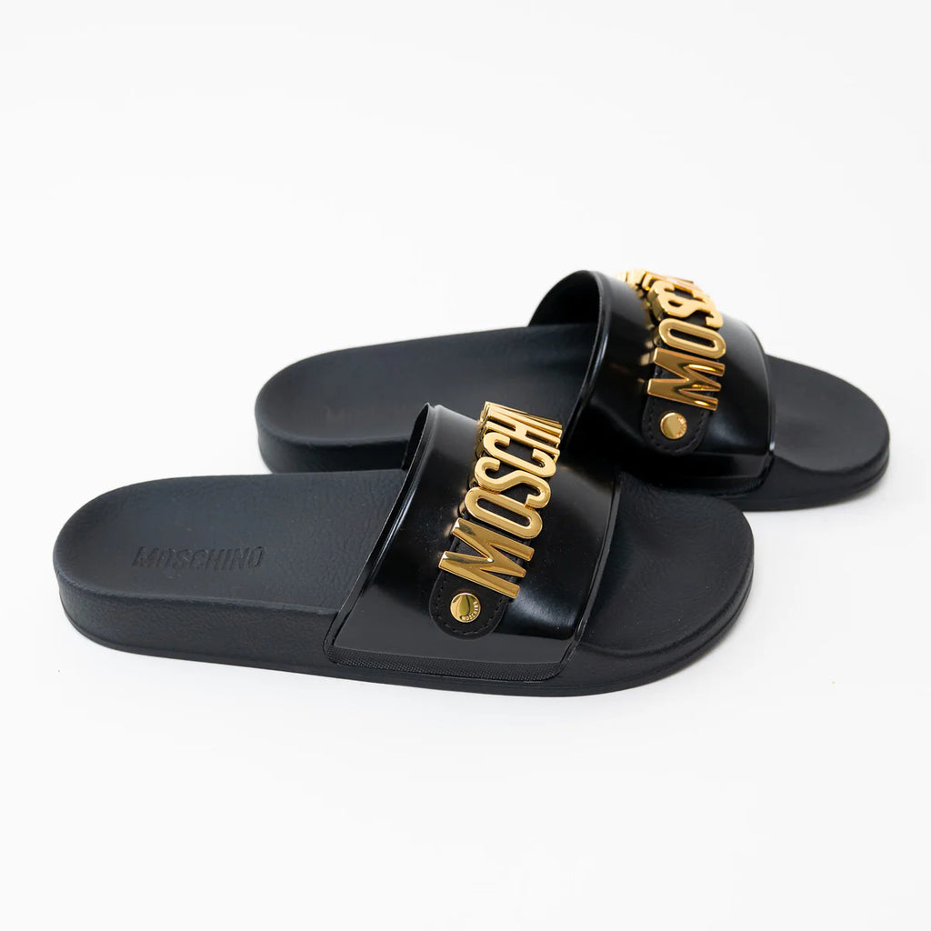 Moschino Black PVC Gold Logo Slides Size 41 Coeur Cult Core