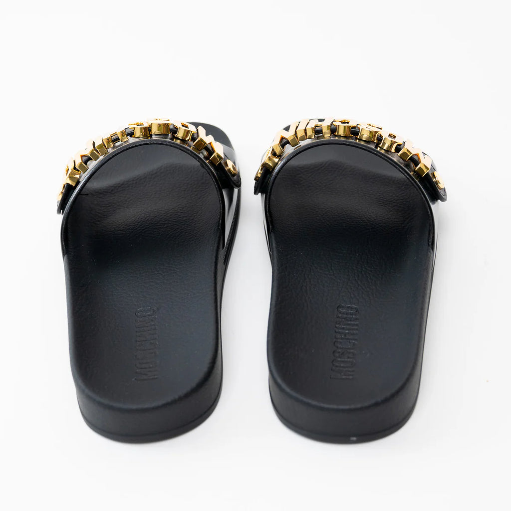Moschino Black PVC Gold Logo Slides Size 41 Coeur Cult Core