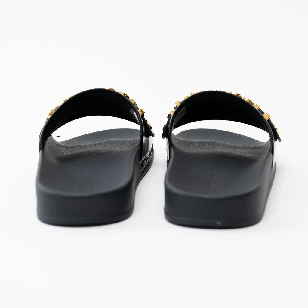 Moschino Black PVC Gold Logo Slides Size 41 Coeur Cult Core