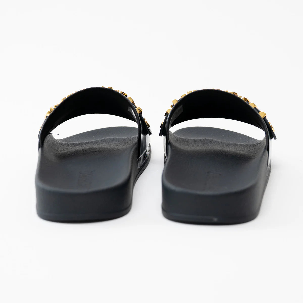 Moschino Black PVC Gold Logo Slides Size 41 Coeur Cult Core