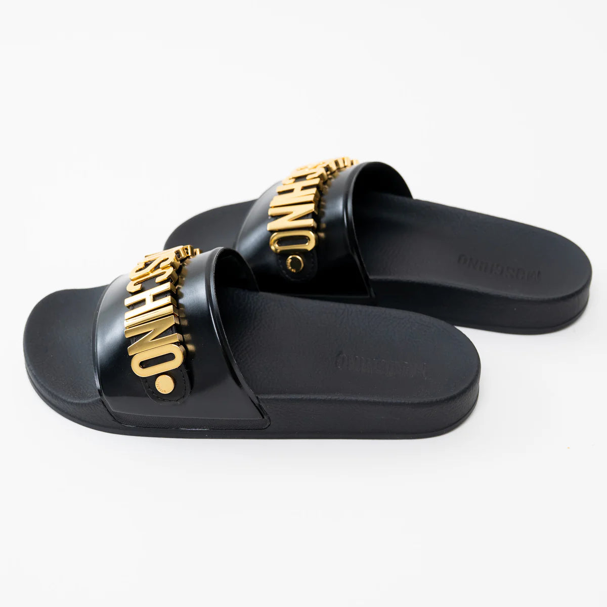 Moschino Black PVC Gold Logo Slides Size 41 Coeur Cult Core