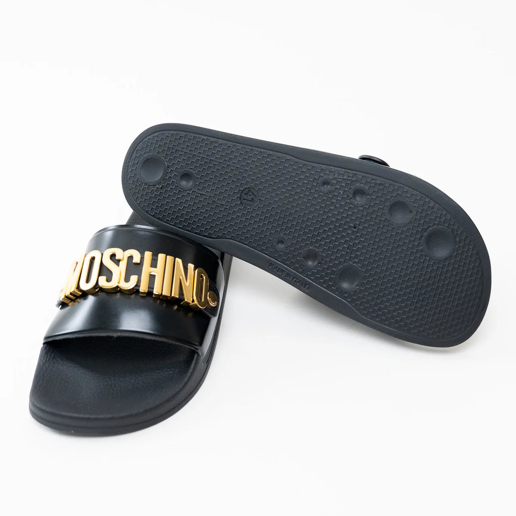 Moschino Black PVC Gold Logo Slides Size 41 Coeur Cult Core