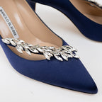 Manolo Blahnik Blue Suede Heels with Crystal Embellishments Size 38 Coeur Cult Core
