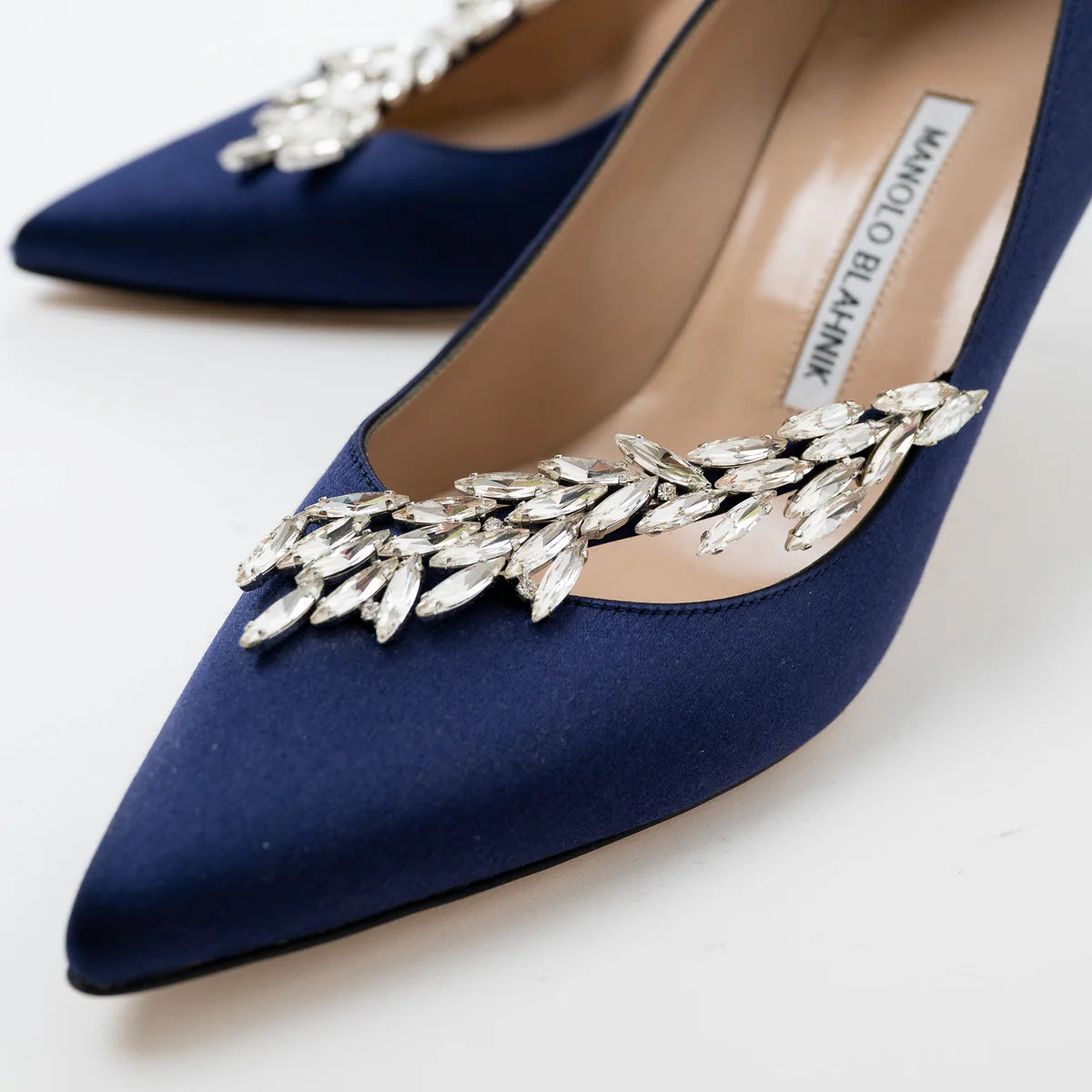 Manolo Blahnik Blue Suede Heels with Crystal Embellishments Size 38 Coeur Cult Core