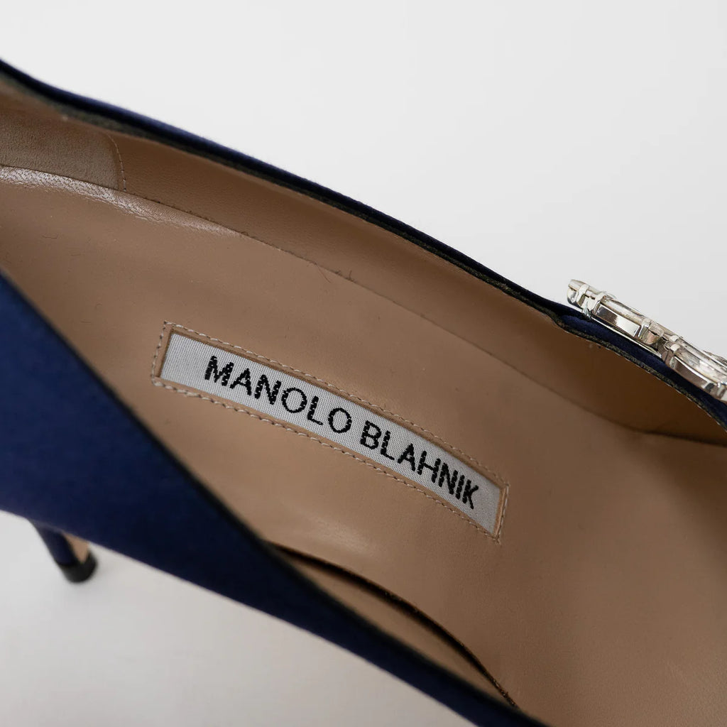 Manolo Blahnik Blue Suede Heels with Crystal Embellishments Size 38 Coeur Cult Core