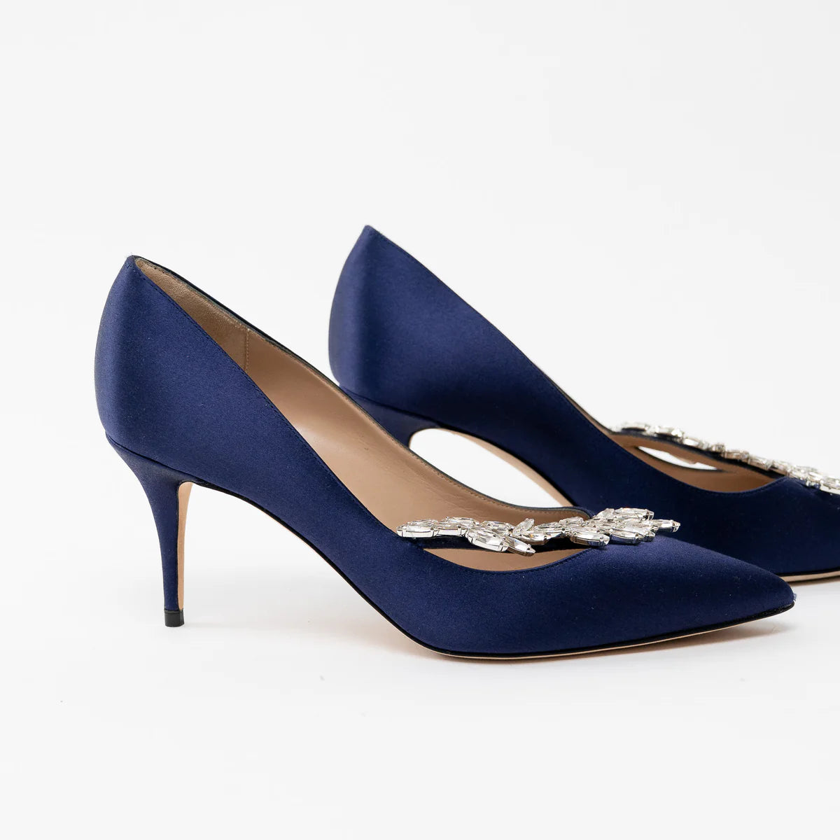 Manolo Blahnik Blue Suede Heels with Crystal Embellishments Size 38 Coeur Cult Core