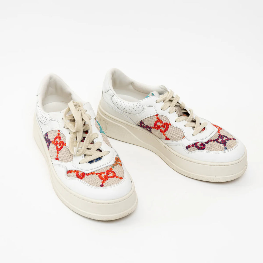 Gucci White Leather Woven Multicolor GG Sneakers Size 41 Coeur Cult Core