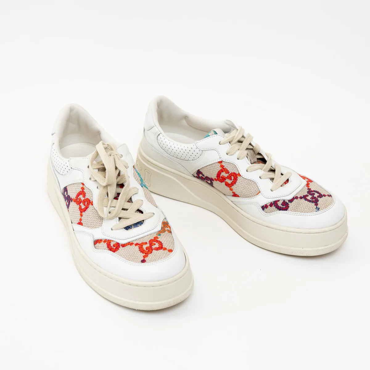 Gucci White Leather Woven Multicolor GG Sneakers Size 41 Coeur Cult Core