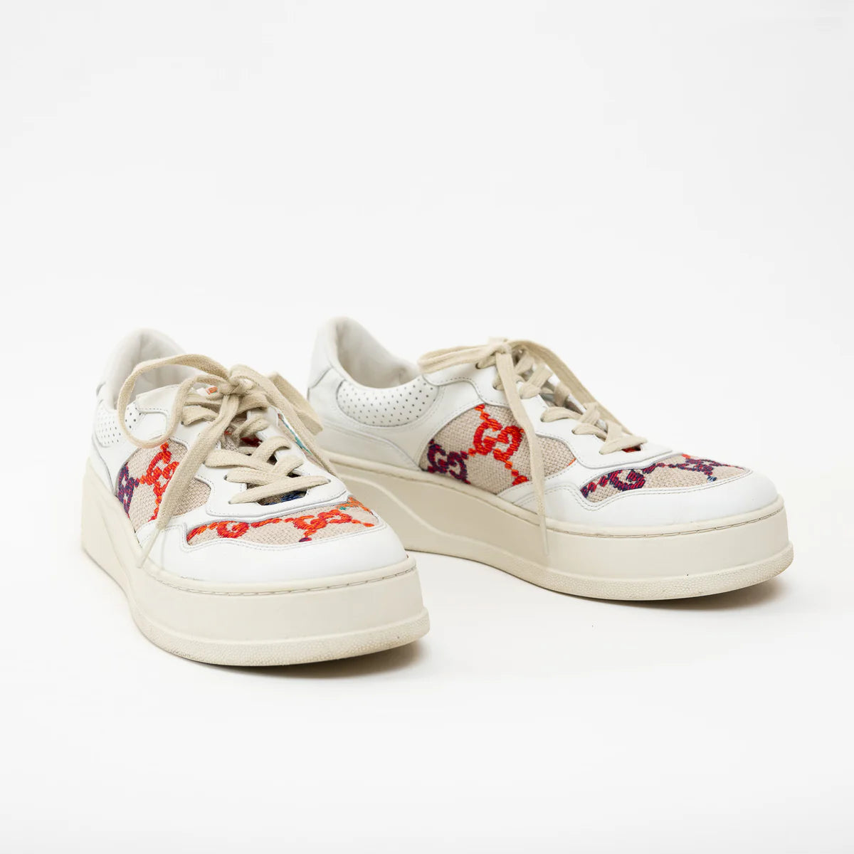 Gucci White Leather Woven Multicolor GG Sneakers Size 41 Coeur Cult Core