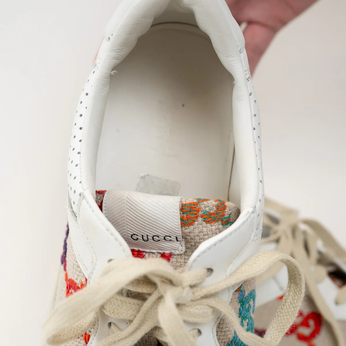 Gucci White Leather Woven Multicolor GG Sneakers Size 41 Coeur Cult Core