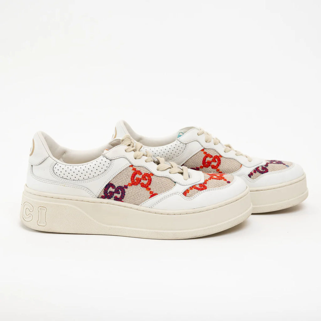 Gucci White Leather Woven Multicolor GG Sneakers Size 41 Coeur Cult Core