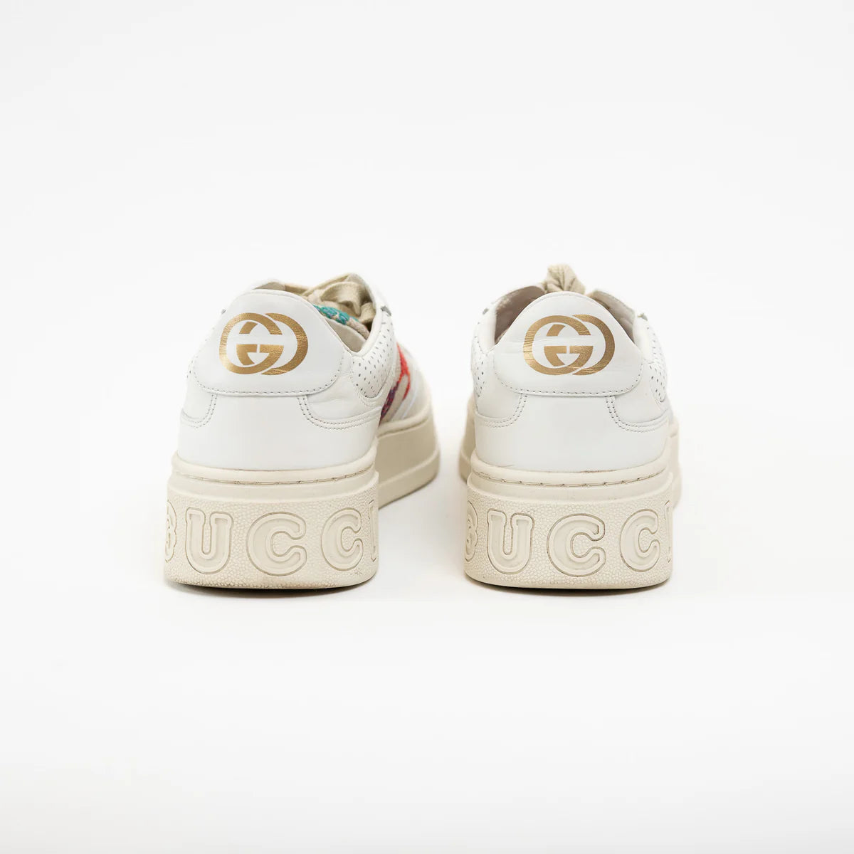 Gucci White Leather Woven Multicolor GG Sneakers Size 41 Coeur Cult Core