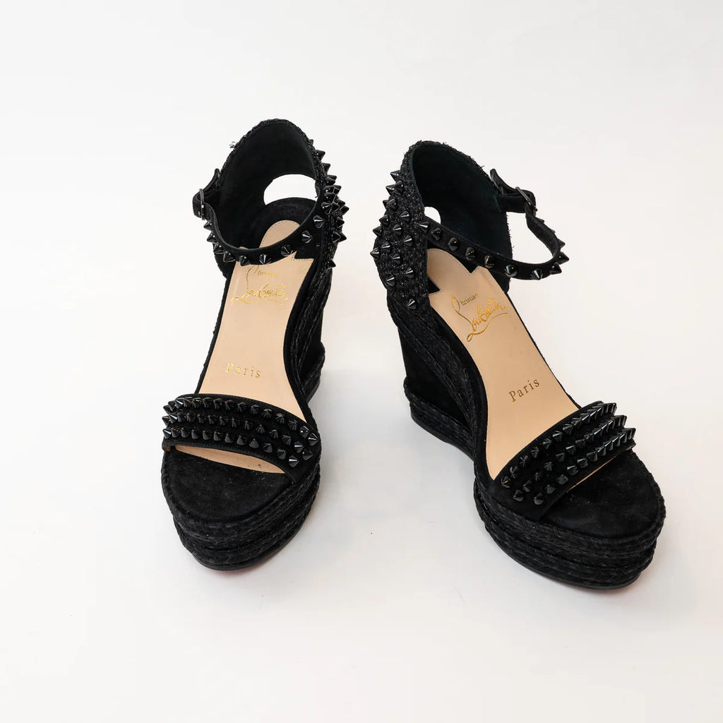 Christian Louboutin Black Suede Studded Woven Fabric Platform Wedge Heels 35 Coeur Cult Core