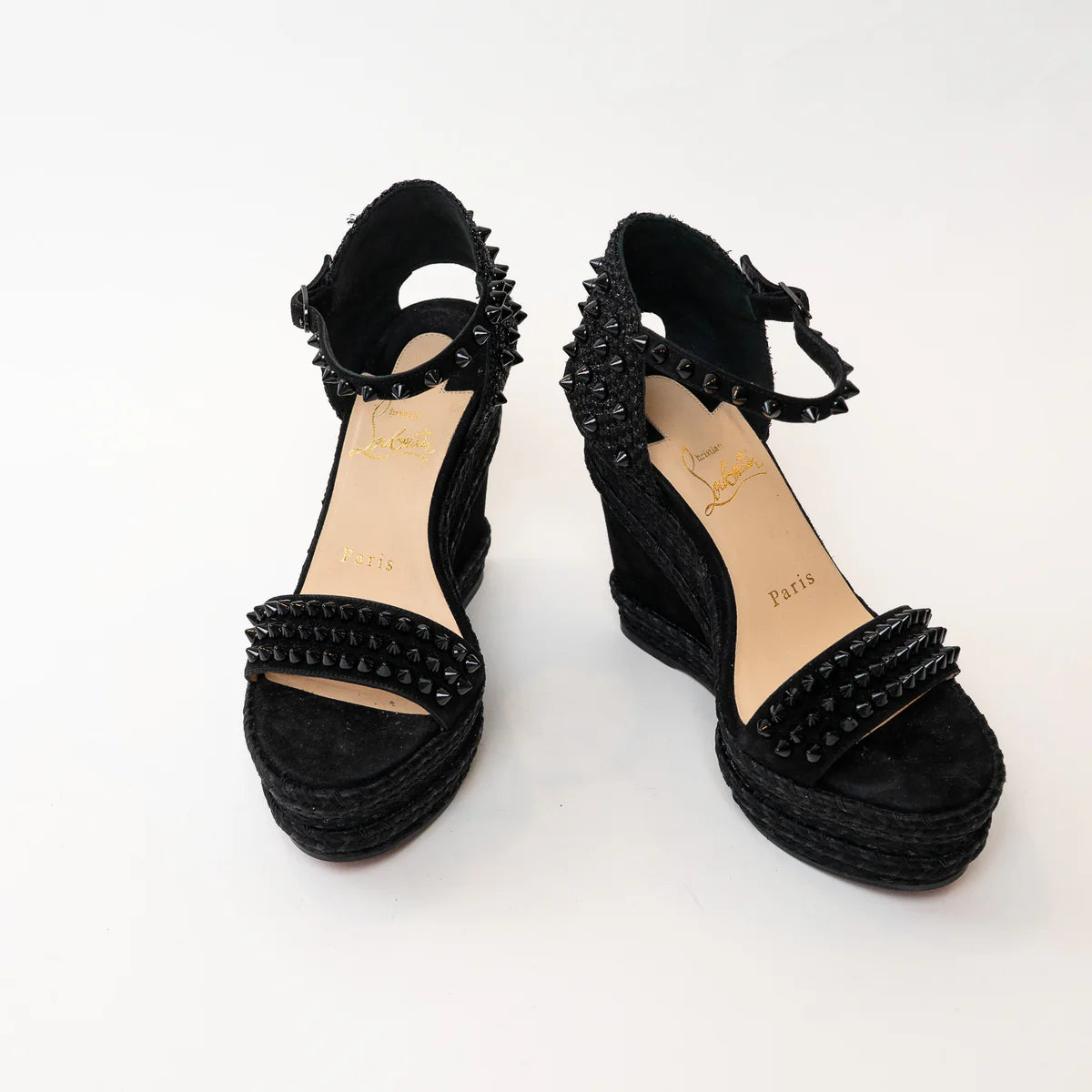 Christian Louboutin Black Suede Studded Woven Fabric Platform Wedge Heels 35 Coeur Cult Core