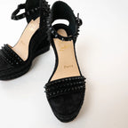 Christian Louboutin Black Suede Studded Woven Fabric Platform Wedge Heels 35 Coeur Cult Core