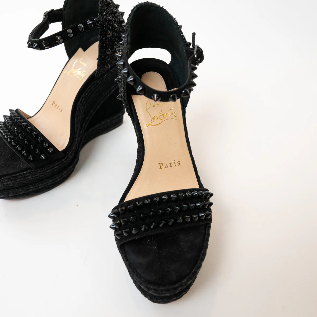 Christian Louboutin Black Suede Studded Woven Fabric Platform Wedge Heels 35 Coeur Cult Core