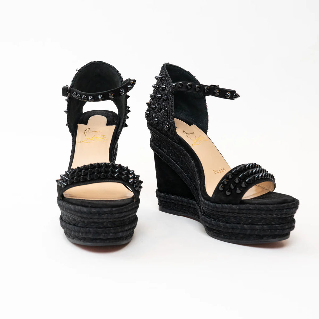 Christian Louboutin Black Suede Studded Woven Fabric Platform Wedge Heels 35 Coeur Cult Core