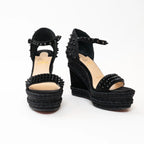 Christian Louboutin Black Suede Studded Woven Fabric Platform Wedge Heels 35 Coeur Cult Core