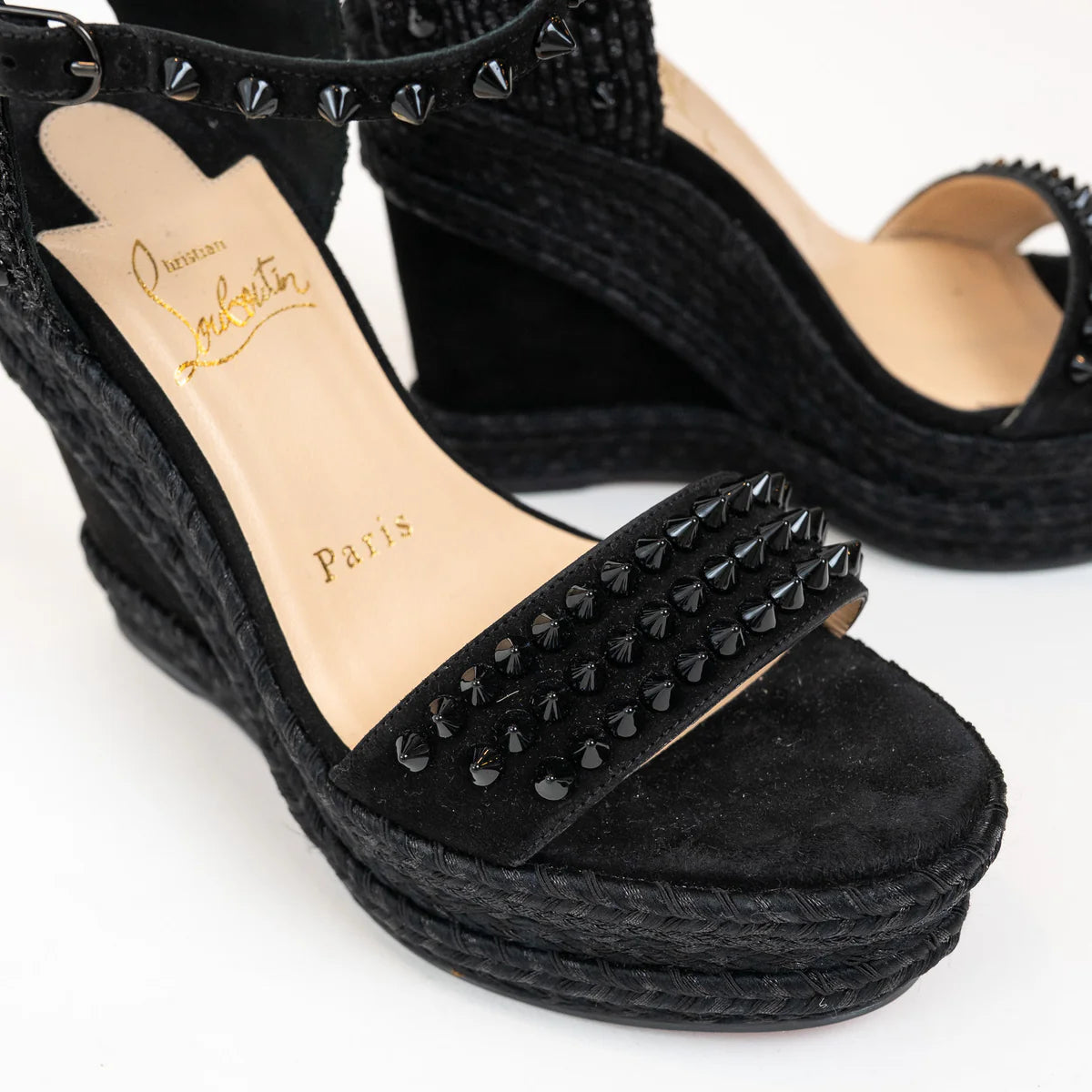 Christian Louboutin Black Suede Studded Woven Fabric Platform Wedge Heels 35 Coeur Cult Core