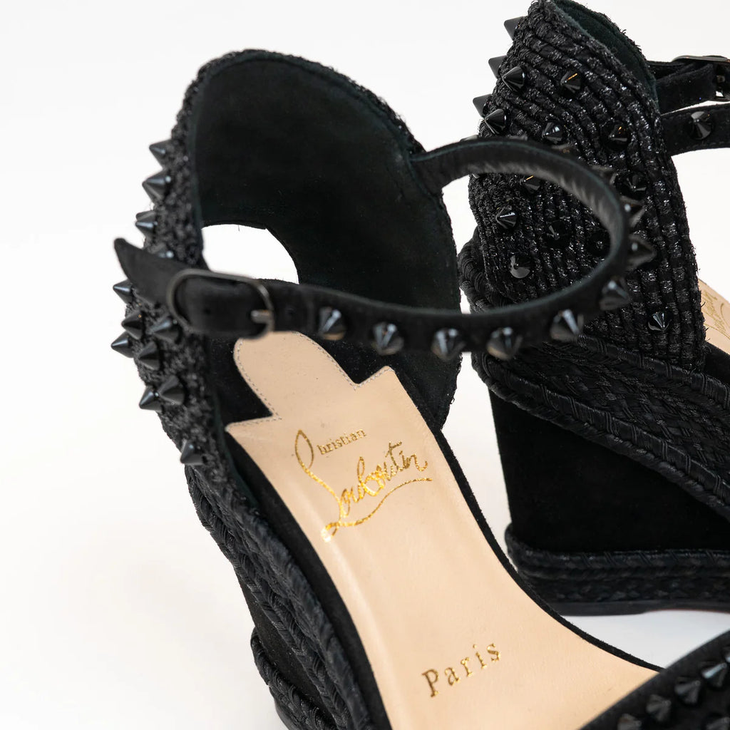 Christian Louboutin Black Suede Studded Woven Fabric Platform Wedge Heels 35 Coeur Cult Core