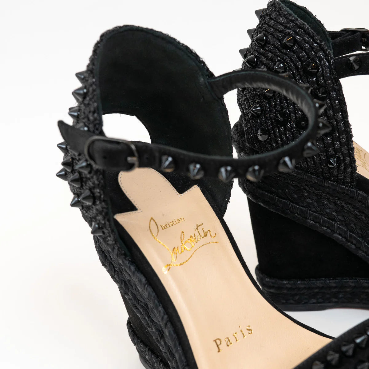 Christian Louboutin Black Suede Studded Woven Fabric Platform Wedge Heels 35 Coeur Cult Core