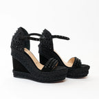 Christian Louboutin Black Suede Studded Woven Fabric Platform Wedge Heels 35 Coeur Cult Core