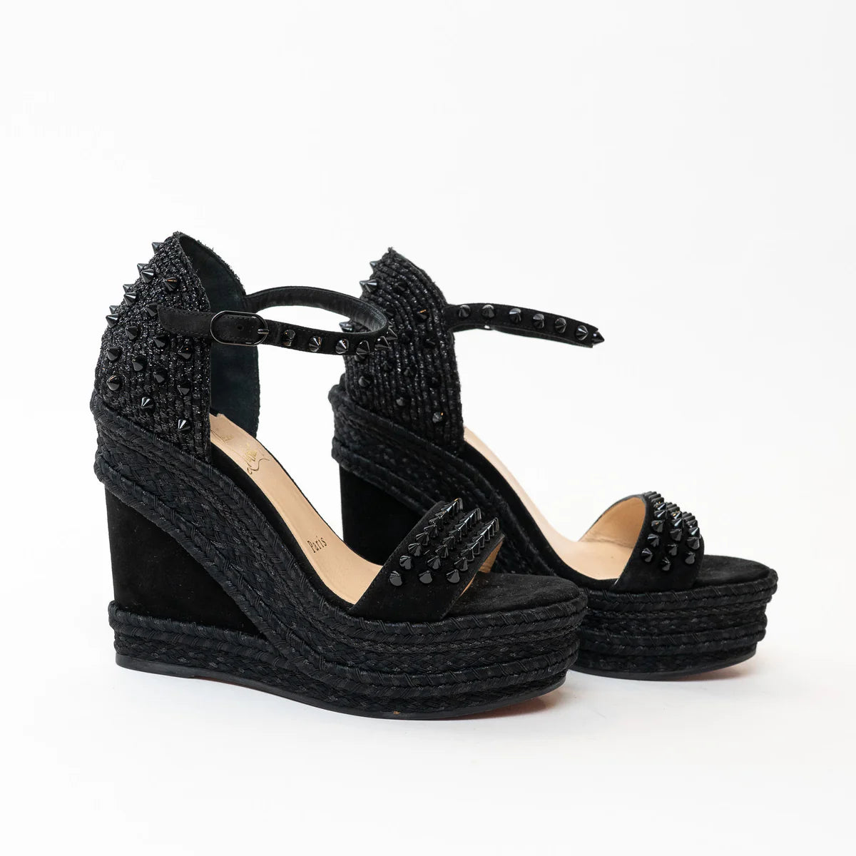 Christian Louboutin Black Suede Studded Woven Fabric Platform Wedge Heels 35 Coeur Cult Core