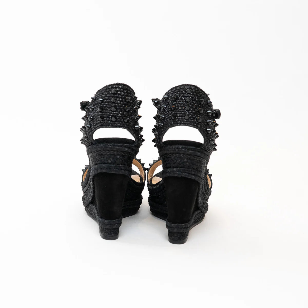 Christian Louboutin Black Suede Studded Woven Fabric Platform Wedge Heels 35 Coeur Cult Core