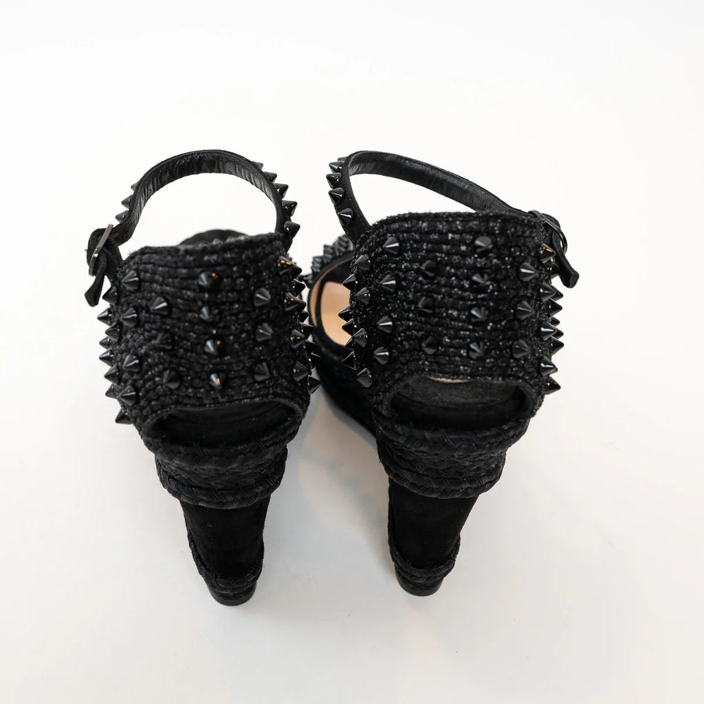 Christian Louboutin Black Suede Studded Woven Fabric Platform Wedge Heels 35 Coeur Cult Core