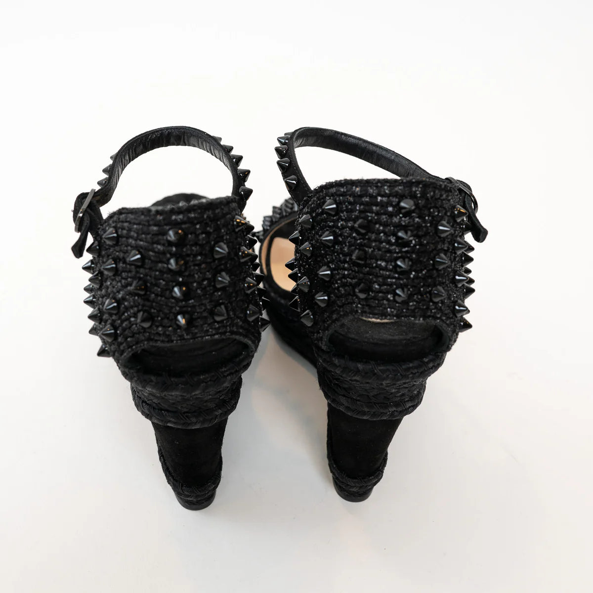 Christian Louboutin Black Suede Studded Woven Fabric Platform Wedge Heels 35 Coeur Cult Core