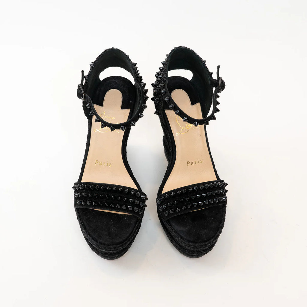 Christian Louboutin Black Suede Studded Woven Fabric Platform Wedge Heels 35 Coeur Cult Core