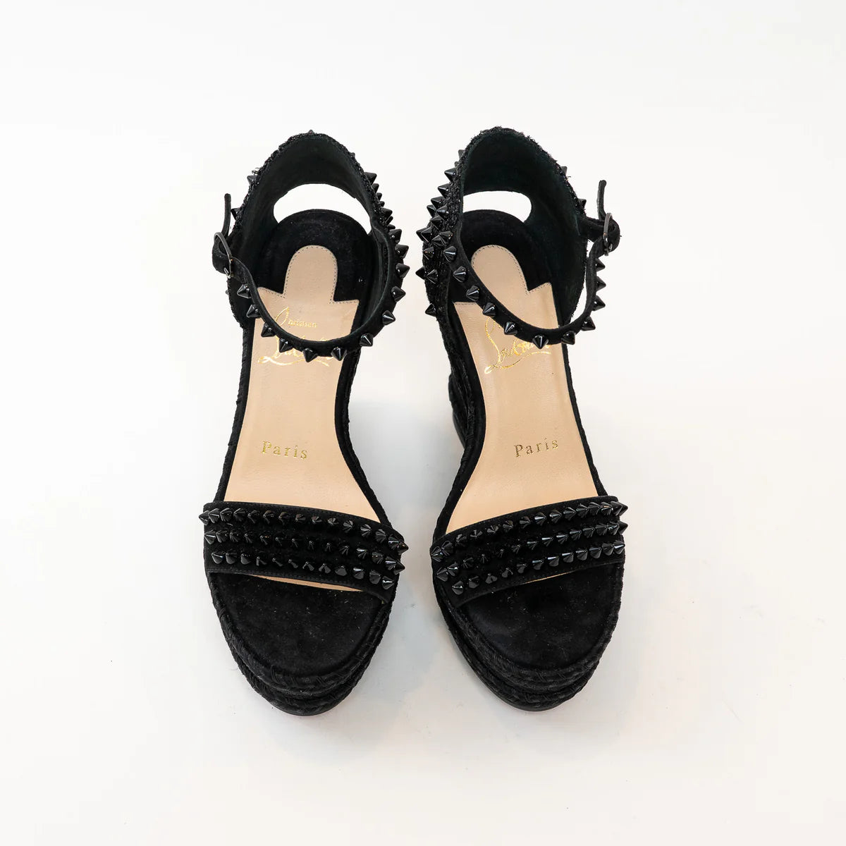 Christian Louboutin Black Suede Studded Woven Fabric Platform Wedge Heels 35 Coeur Cult Core