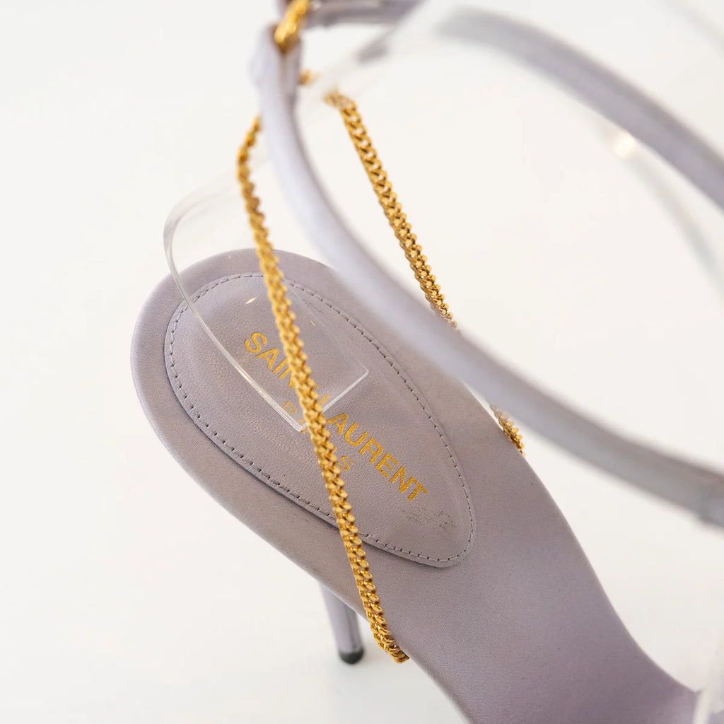 Saint Laurent Lavender Satin Chain Sandal Heels Size 39.5 Coeur Cult Core
