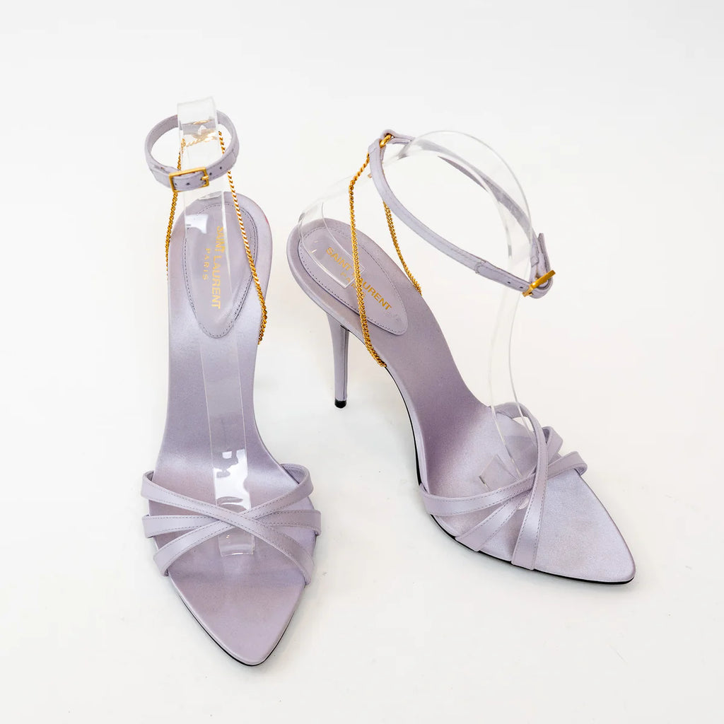 Saint Laurent Lavender Satin Chain Sandal Heels Size 39.5 Coeur Cult Core