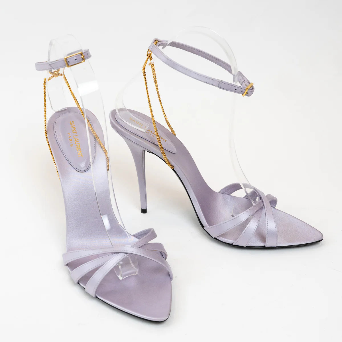 Saint Laurent Lavender Satin Chain Sandal Heels Size 39.5 Coeur Cult Core