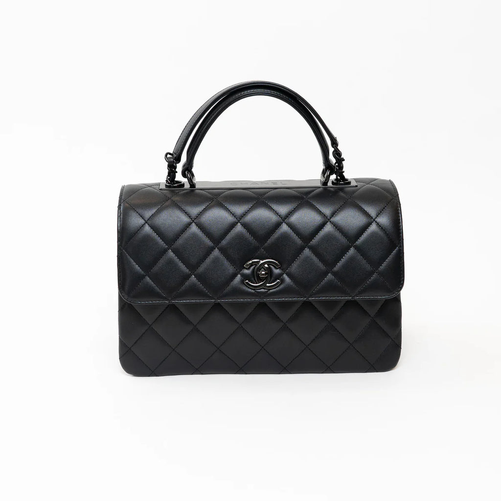Black Grained Quilted Leather Large Trendy Bag