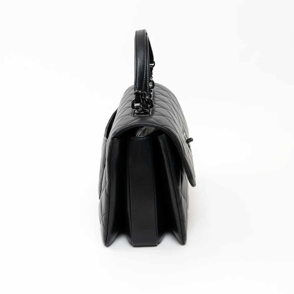 Black Grained Quilted Leather Large Trendy Bag