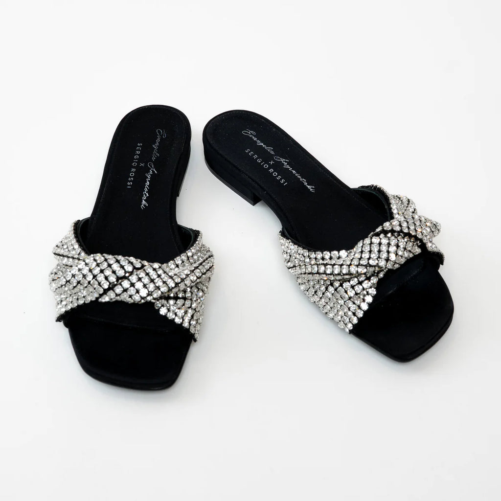 Sergio Rossi x Evangelie Smyrniotaki Black Satin Sandals with Embellished Crystal Knot Band Size 37 Coeur Cult Core