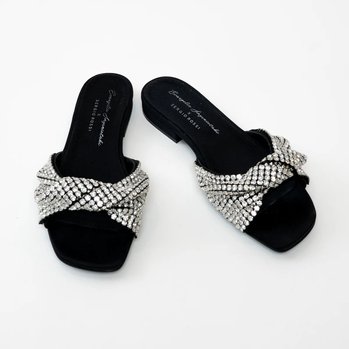 Sergio Rossi x Evangelie Smyrniotaki Black Satin Sandals with Embellished Crystal Knot Band Size 37 Coeur Cult Core