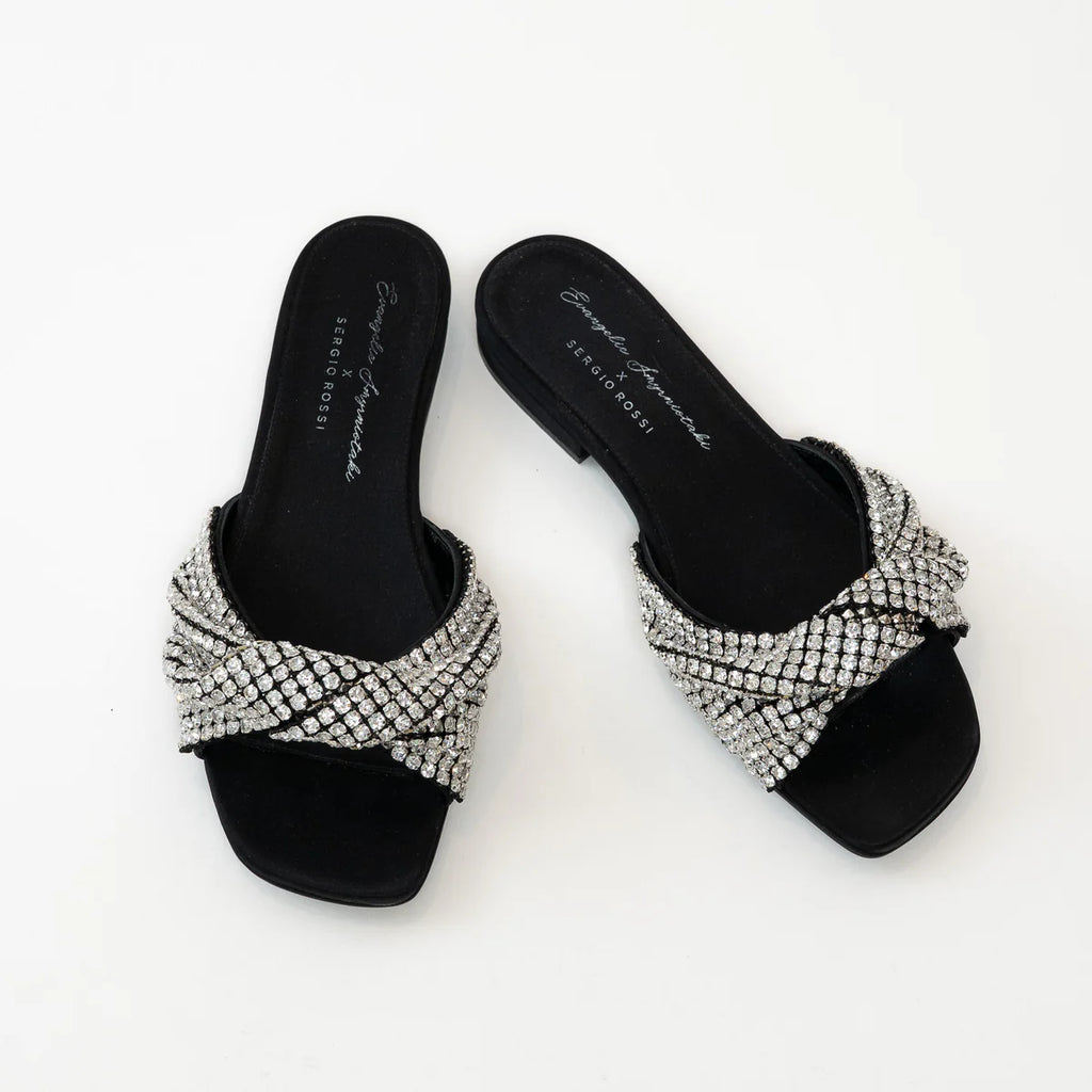 Sergio Rossi x Evangelie Smyrniotaki Black Satin Sandals with Embellished Crystal Knot Band Size 37 Coeur Cult Core