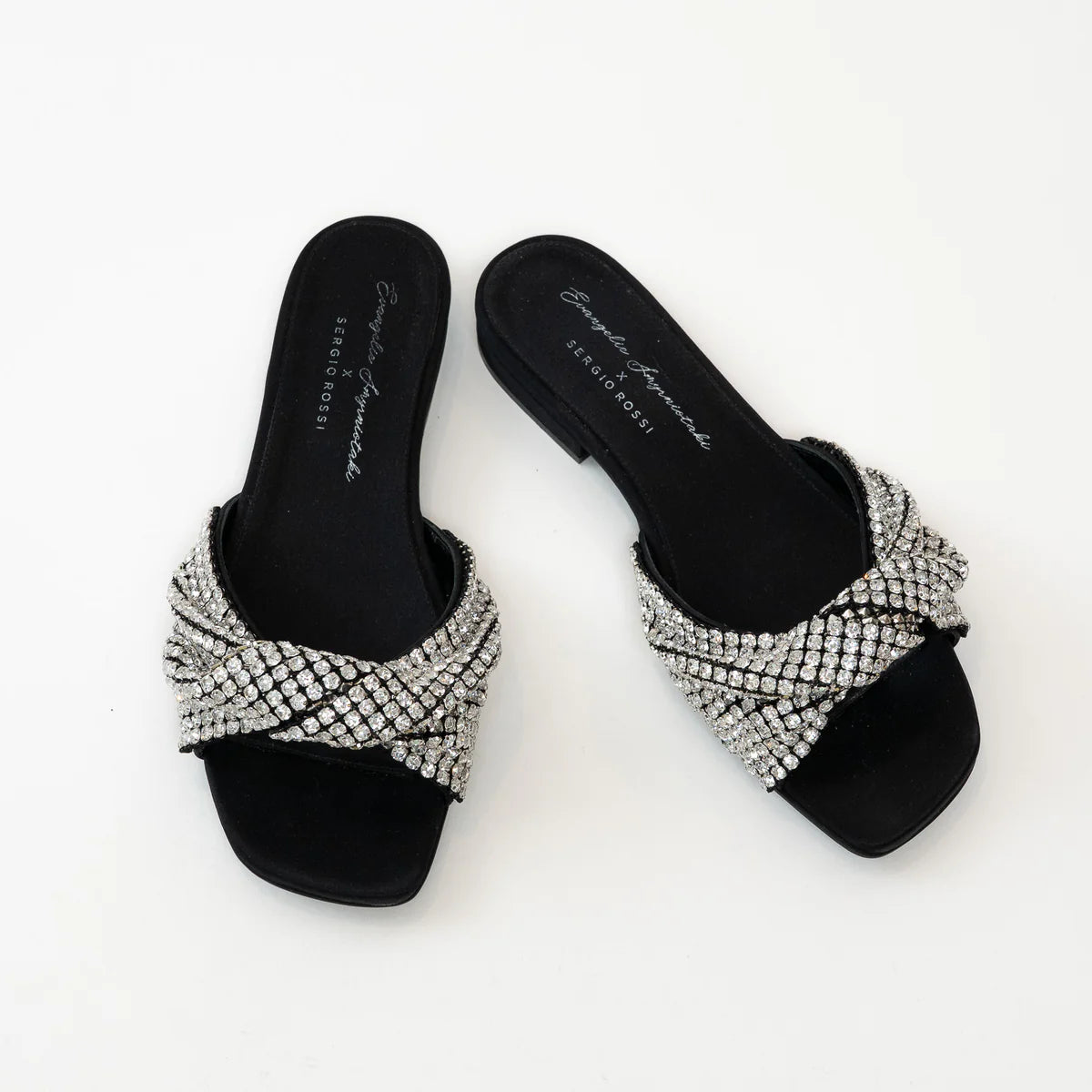 Sergio Rossi x Evangelie Smyrniotaki Black Satin Sandals with Embellished Crystal Knot Band Size 37 Coeur Cult Core