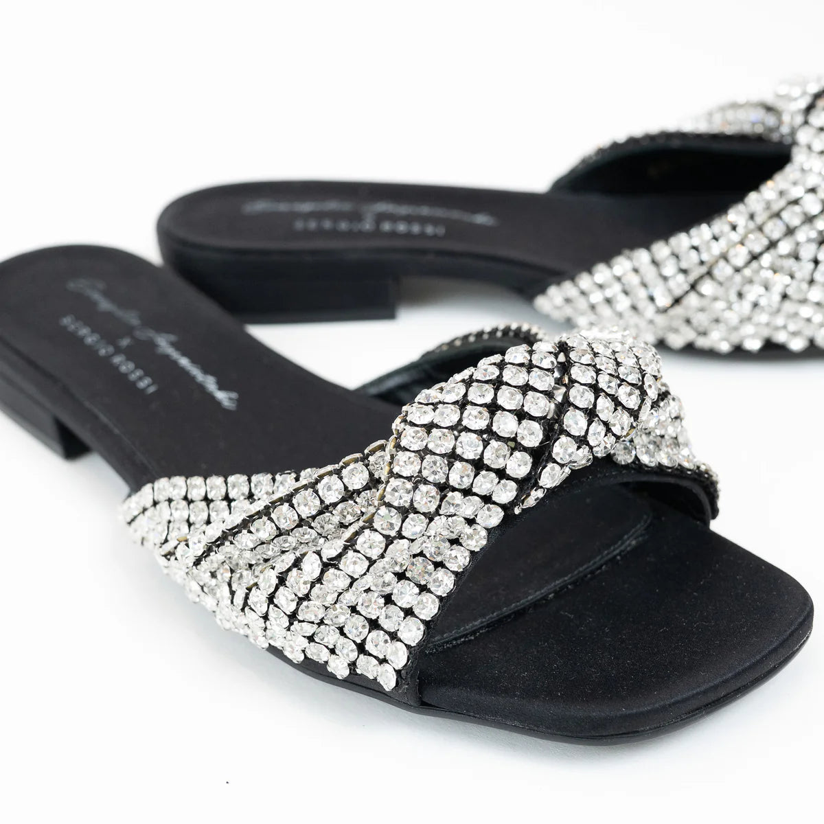 Sergio Rossi x Evangelie Smyrniotaki Black Satin Sandals with Embellished Crystal Knot Band Size 37 Coeur Cult Core