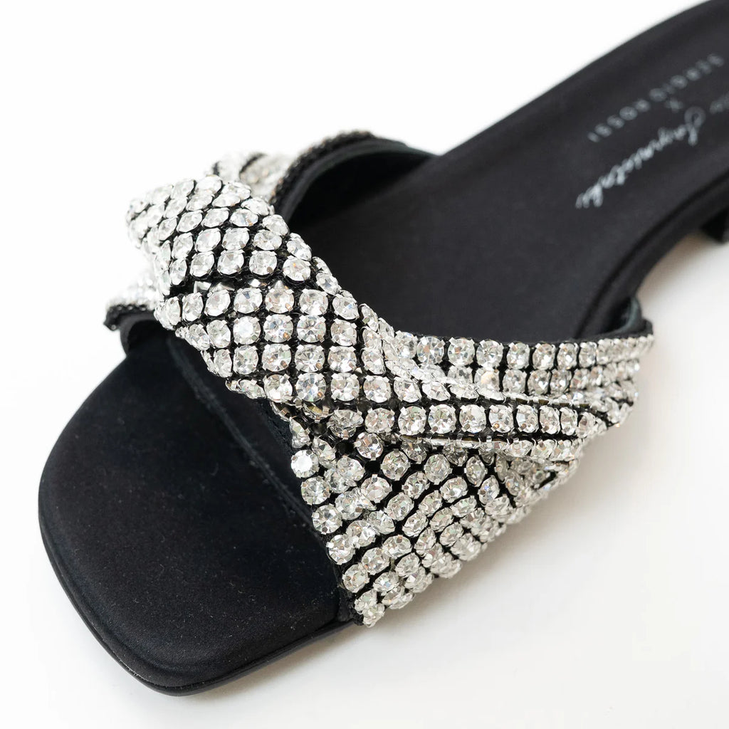 Sergio Rossi x Evangelie Smyrniotaki Black Satin Sandals with Embellished Crystal Knot Band Size 37 Coeur Cult Core