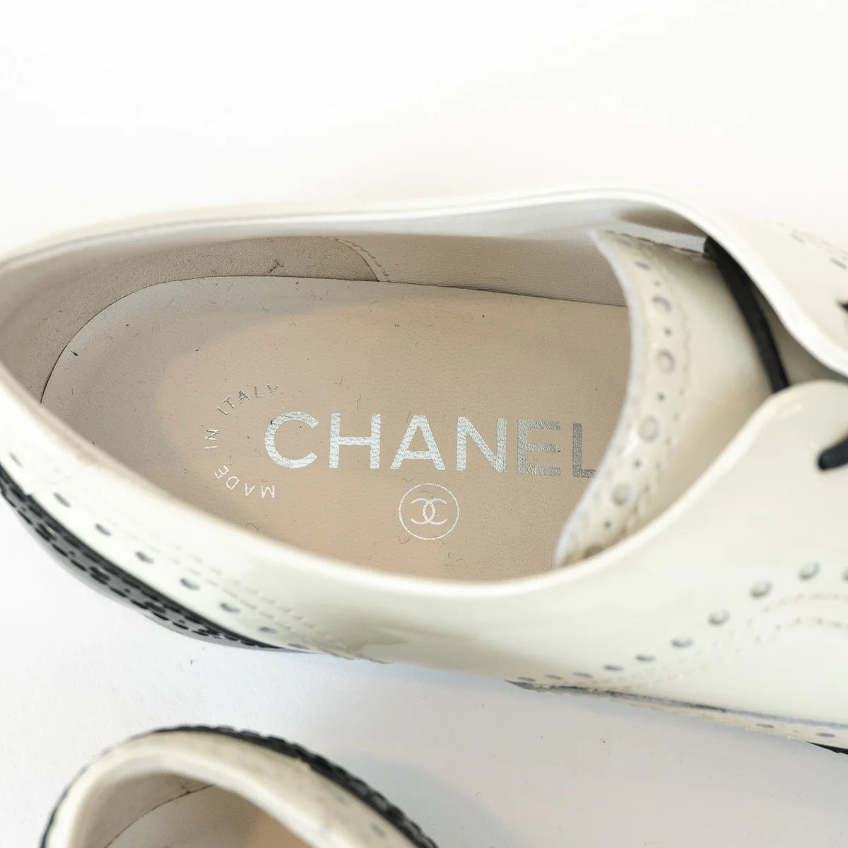 Pre-Loved Chanel™ White and Black Patent Leather Loafers Size 38.5 Coeur Cult Core