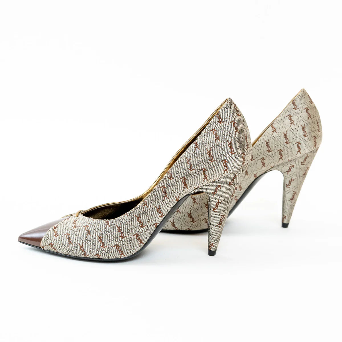 Saint Laurent Monogram Canvas Lola Pumps with Gold Accents Size 38 Coeur Cult Core