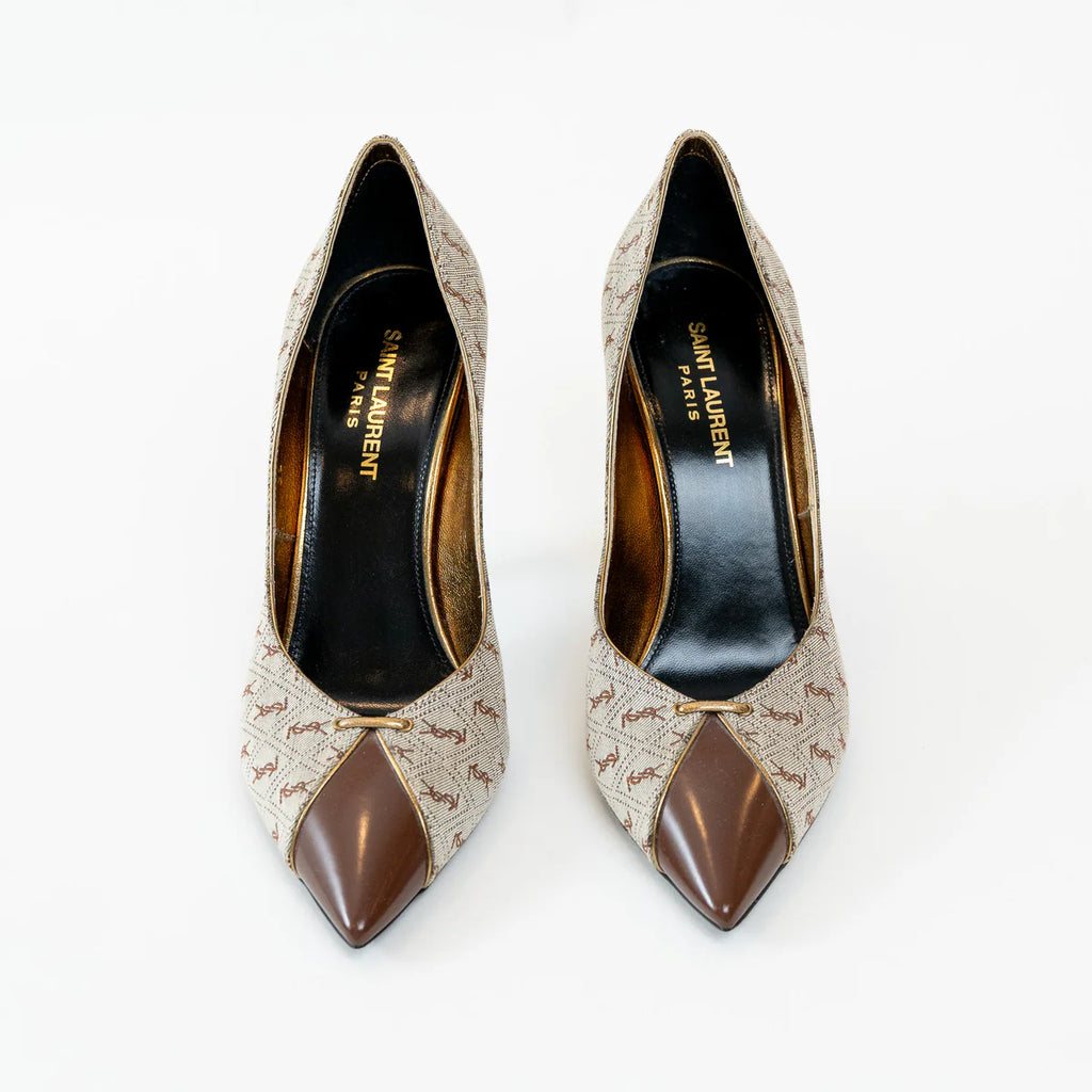 Saint Laurent Monogram Canvas Lola Pumps with Gold Accents Size 38 Coeur Cult Core