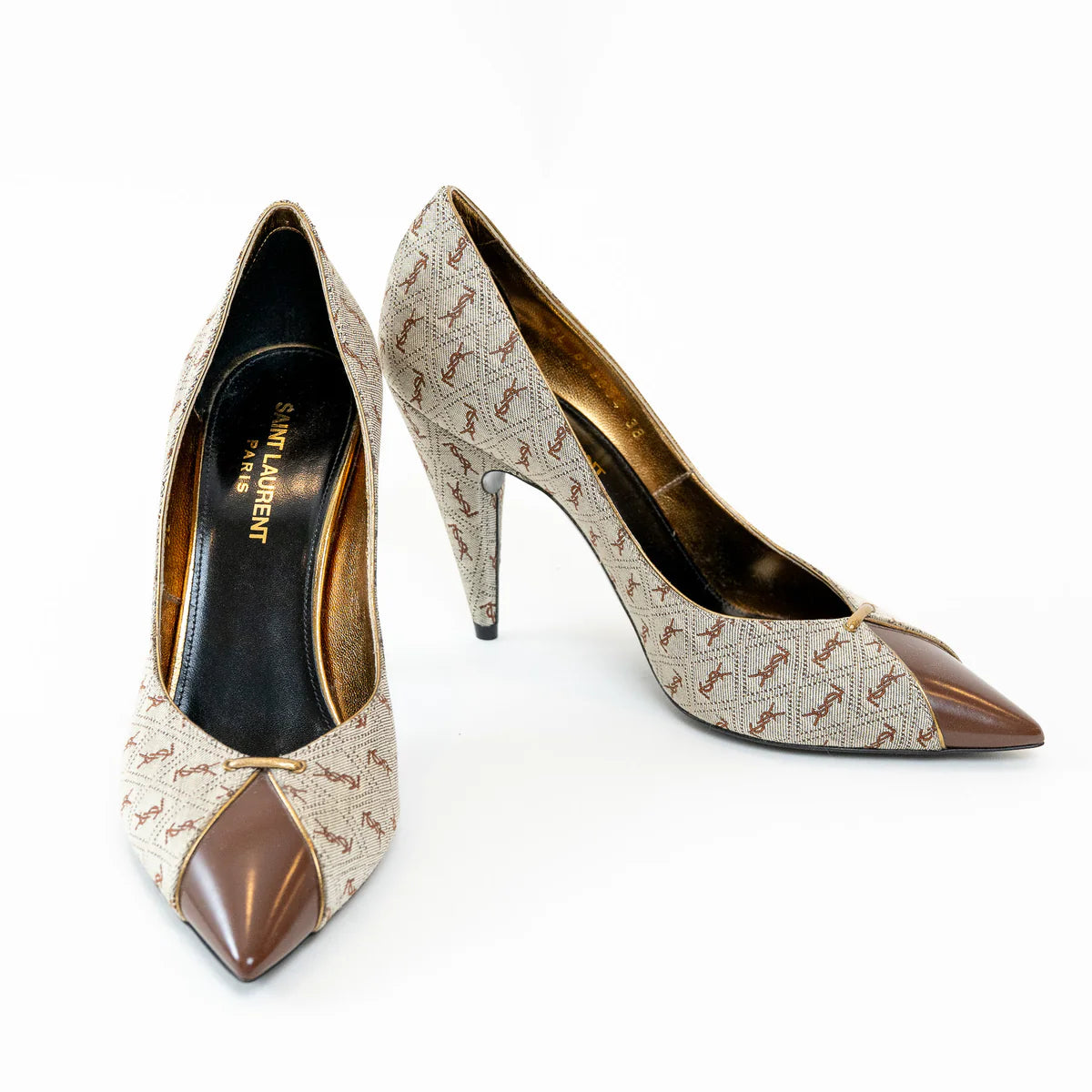 Saint Laurent Monogram Canvas Lola Pumps with Gold Accents Size 38 Coeur Cult Core